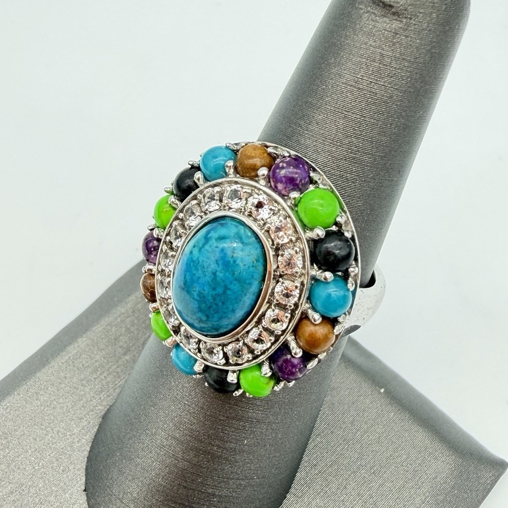 Vtg Lorenzo Sterling Silver Turquoise Ring White Topaz Multi Color‎ QVC Sz 7